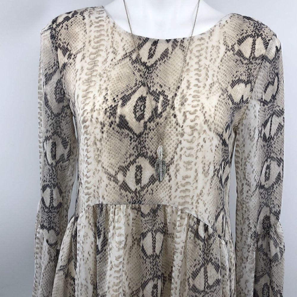 Adrienne snake print bell sleeve scoop back dress
